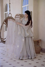 Elegant Grey Tabby Silk Foil Work Sharara Suit Set