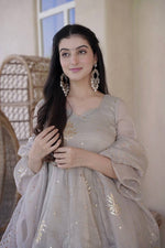 Elegant Grey Tabby Silk Foil Work Sharara Suit Set