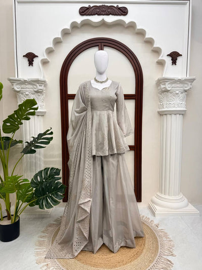Elegant Grey Tabby Silk Foil Work Sharara Suit Set