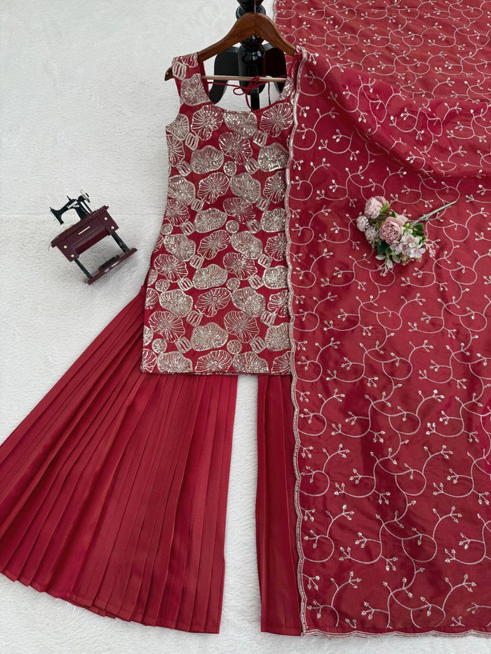 Maroon Simmer Silk Embroidered Sharara Suit Set