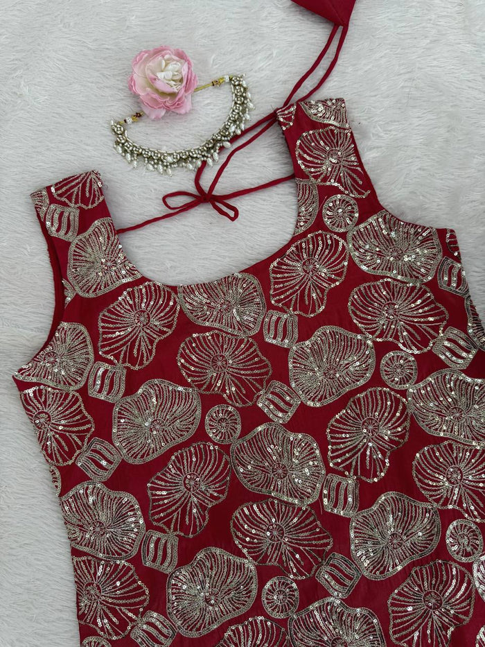 Maroon Simmer Silk Embroidered Sharara Suit Set