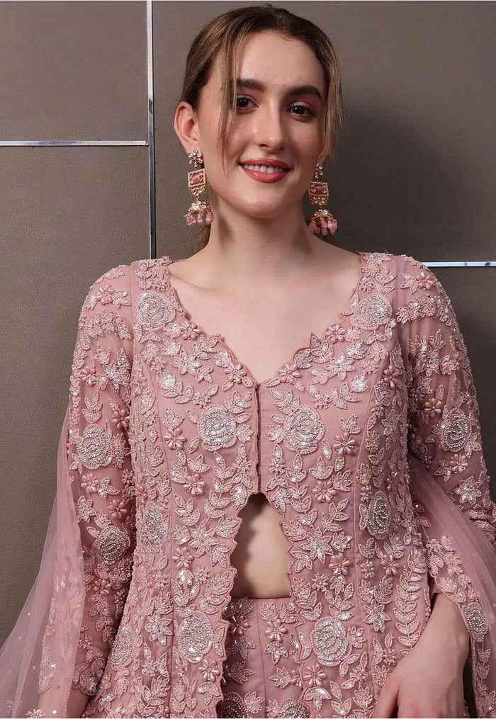 Dusty Rose Faux Georgette Embroidered Sharara Suit Set