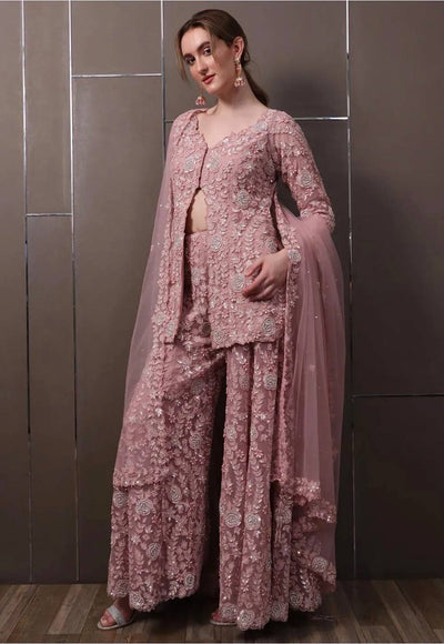 Dusty Rose Faux Georgette Embroidered Sharara Suit Set