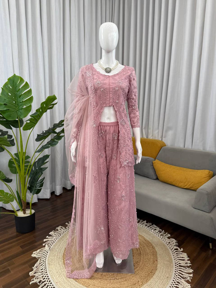 Dusty Rose Faux Georgette Embroidered Sharara Suit Set