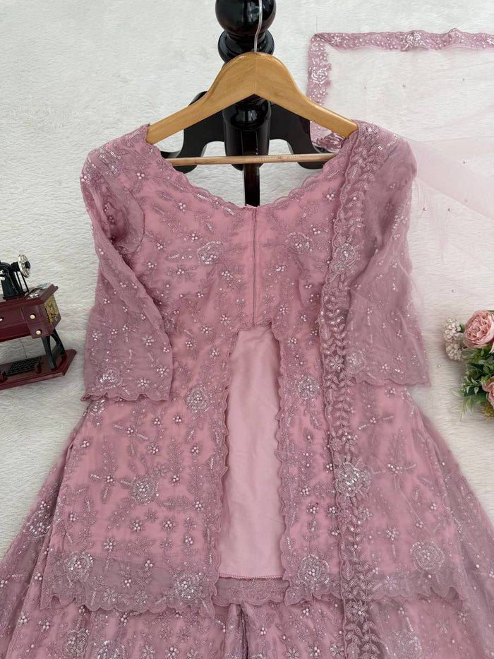 Dusty Rose Faux Georgette Embroidered Sharara Suit Set