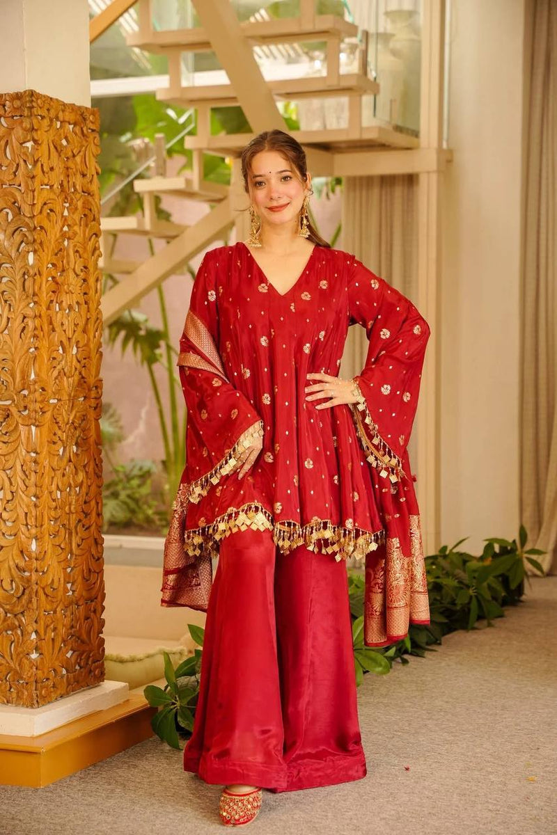 Red Satin Silk Anarkali Palazzo Suit Set
