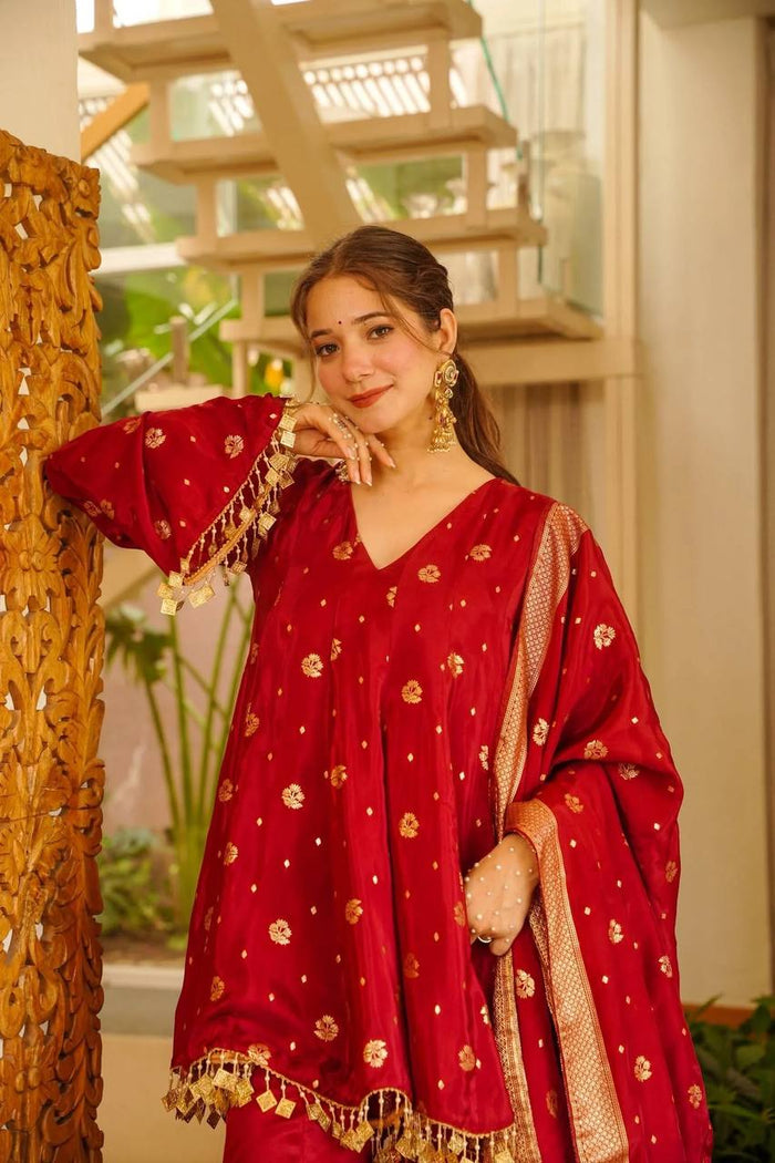Red Satin Silk Anarkali Palazzo Suit Set