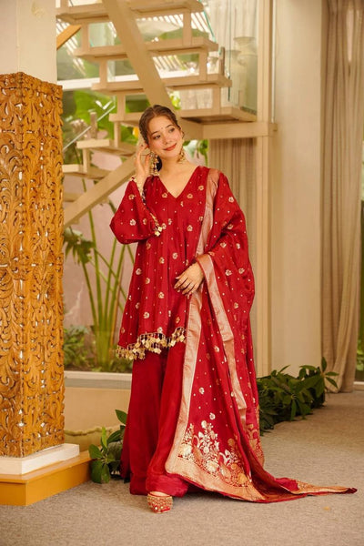 Red Satin Silk Anarkali Palazzo Suit Set