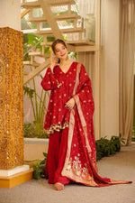 Red Satin Silk Anarkali Palazzo Suit Set