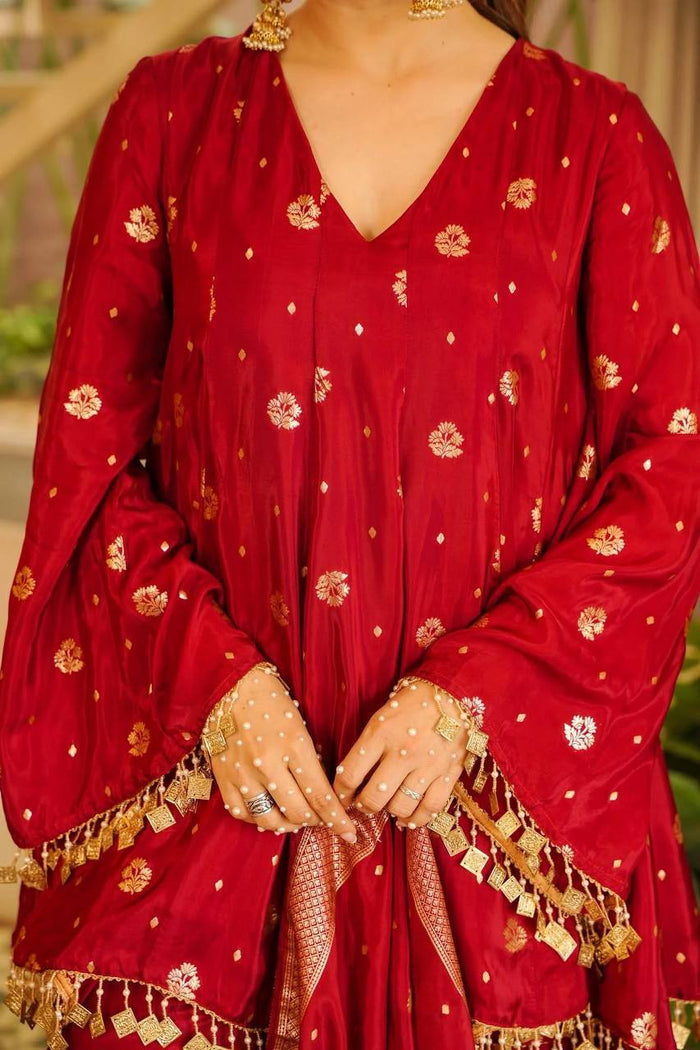 Red Satin Silk Anarkali Palazzo Suit Set