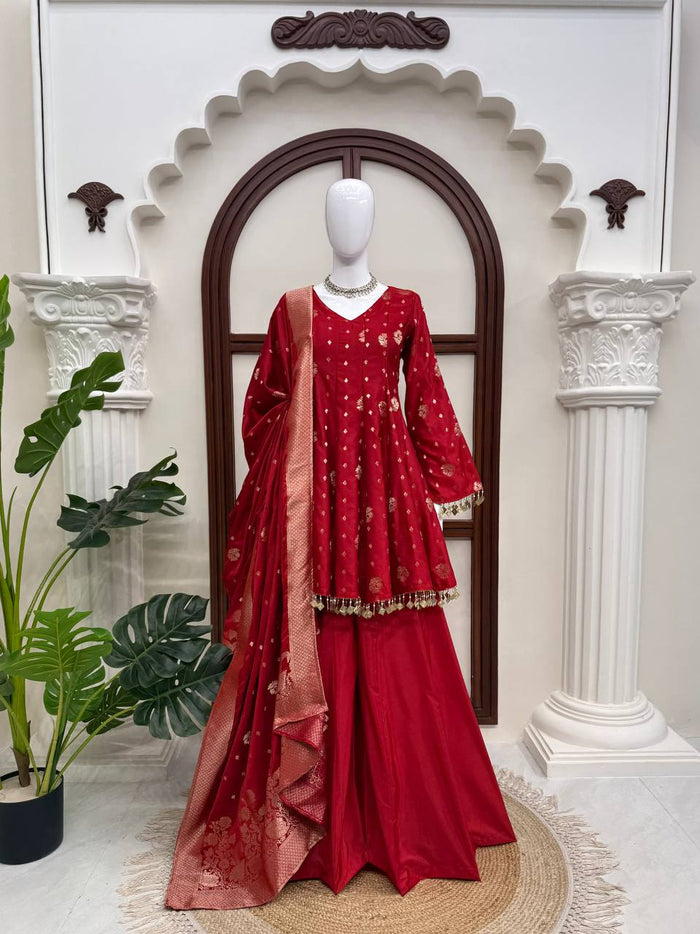 Red Satin Silk Anarkali Palazzo Suit Set