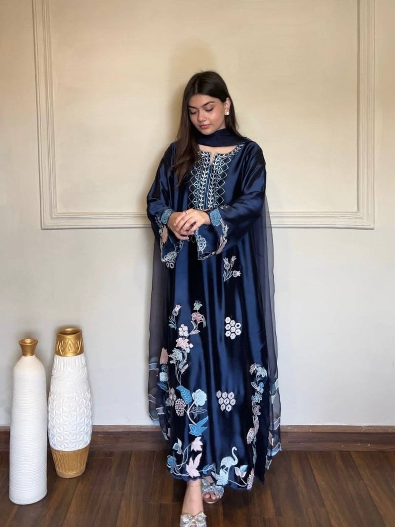 Navy Blue Jura Silk Embroidered Kaftan Pant