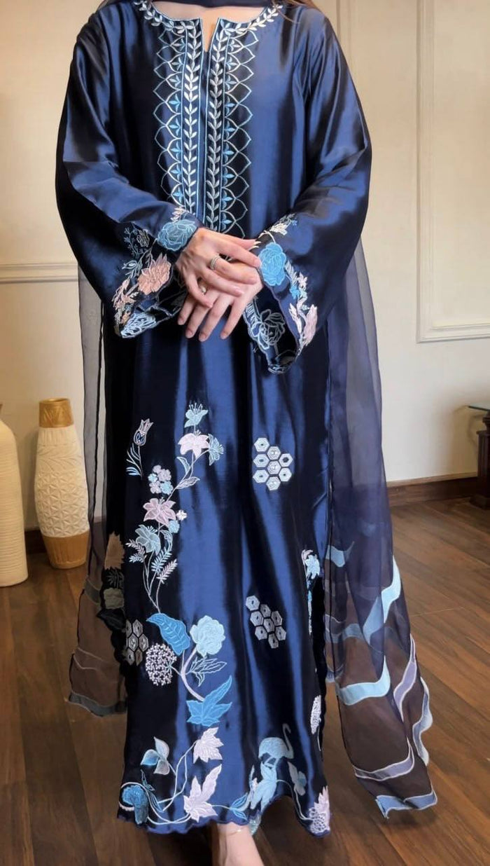 Navy Blue Jura Silk Embroidered Kaftan Pant