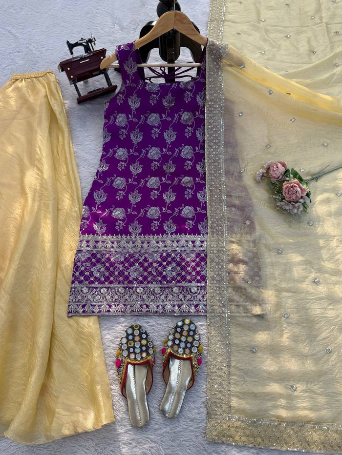 Jacquard Embroidered 3-Piece Palazzo Suit Set