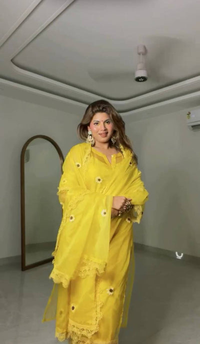 Yellow Embroidered Organza 4-Piece Suit Set