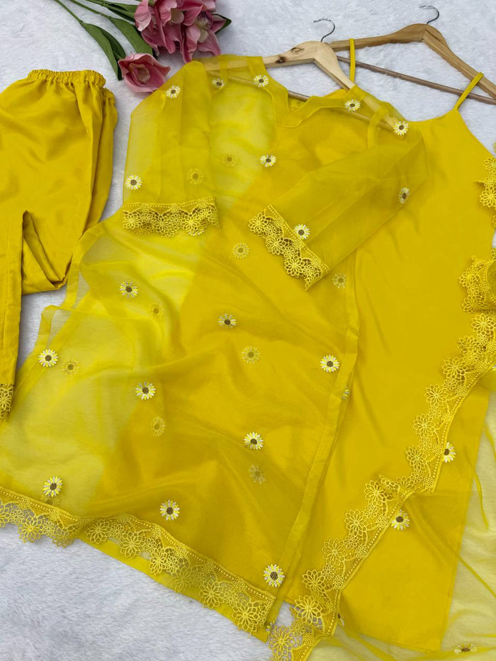 Yellow Embroidered Organza 4-Piece Suit Set