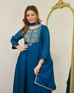 Teal Blue Mul Chanderi Embroidered Kurta Set