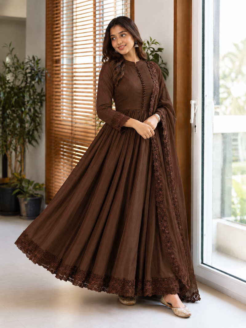 Roman Silk Embroidered Gown with Bottom & Dupatta