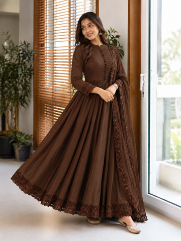 Roman Silk Embroidered Gown with Bottom & Dupatta
