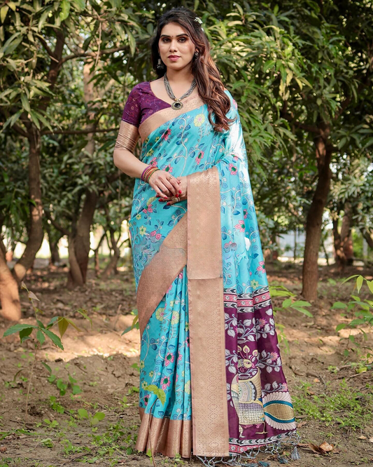 Refreshing Sky Blue And Purple Color Jacquard Silk Saree With Zari Border Blouse