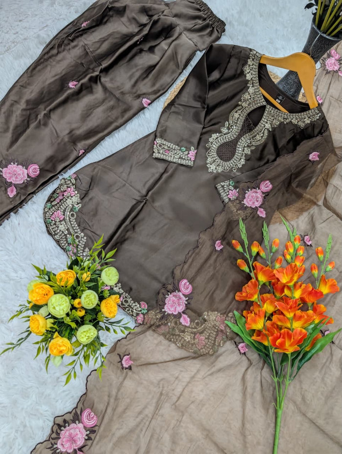 Coffee Embroidered Designer Suit Set