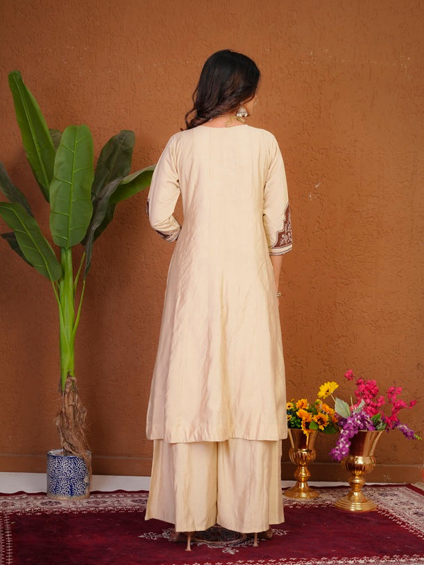 Elegant Cream Roman Silk Anarkali Kurti Set