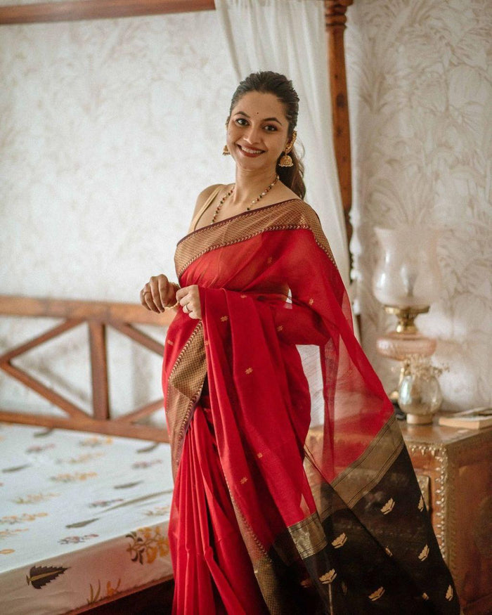 Red Jacquard Saree – Elegant Festive Wear with Rich Woven Detailing