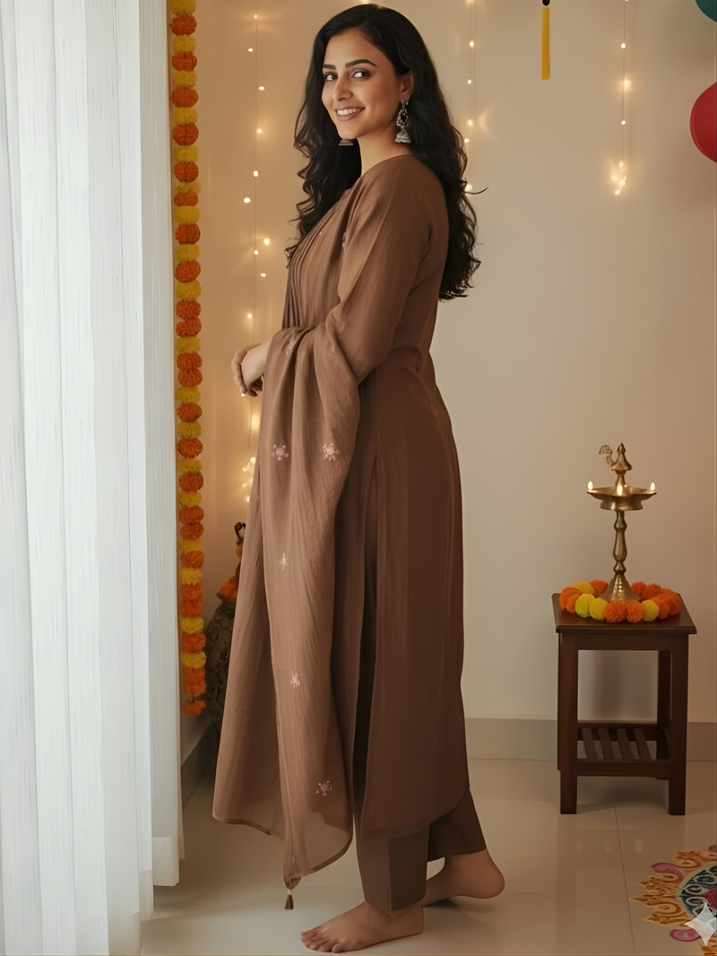 Aesthetic Mul Cotton Embroidery Madhavi Coffee Suit Set with Dupatta
