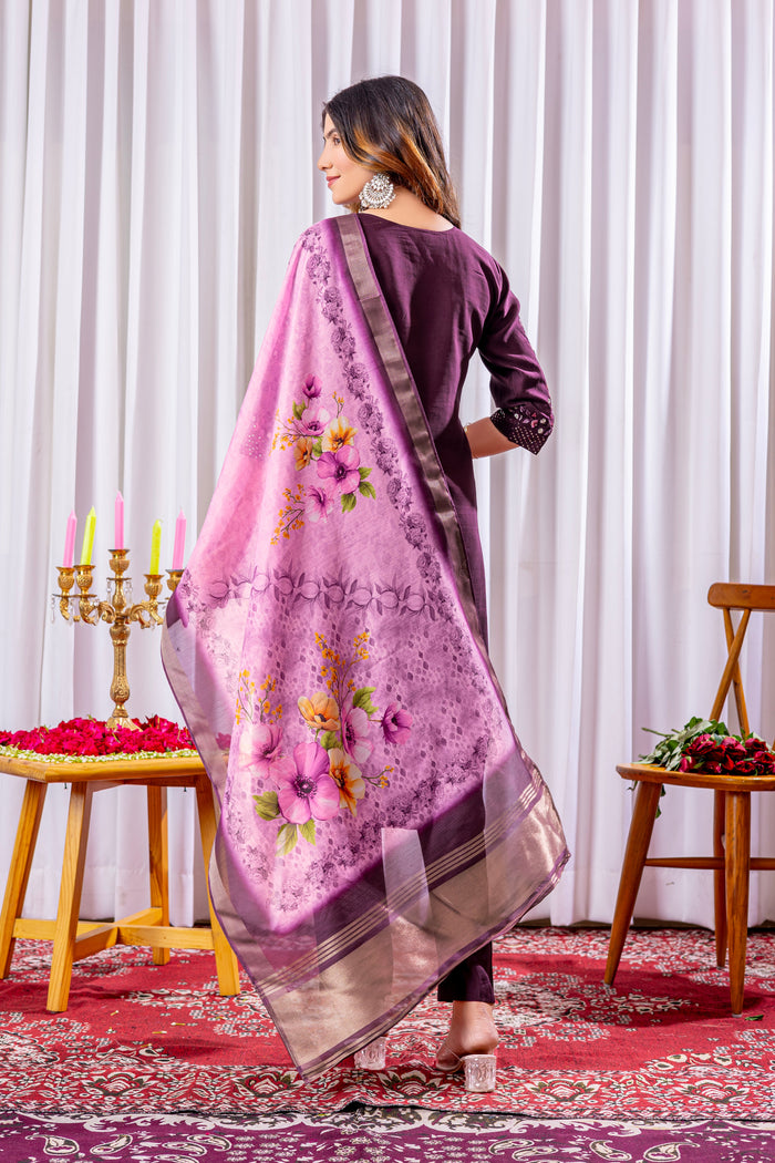 Elegant Wine Viscose Silk Embroidered Kurta Set