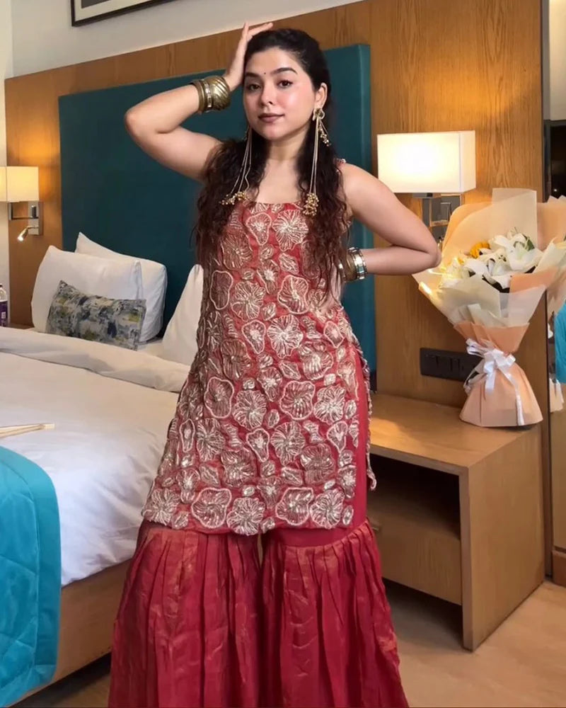 Maroon Simmer Silk Embroidered Sharara Suit Set