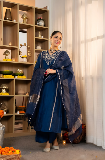 Pure Satori Silk Embroidered Blue Suit Set with Zari Banarasi Dupatta