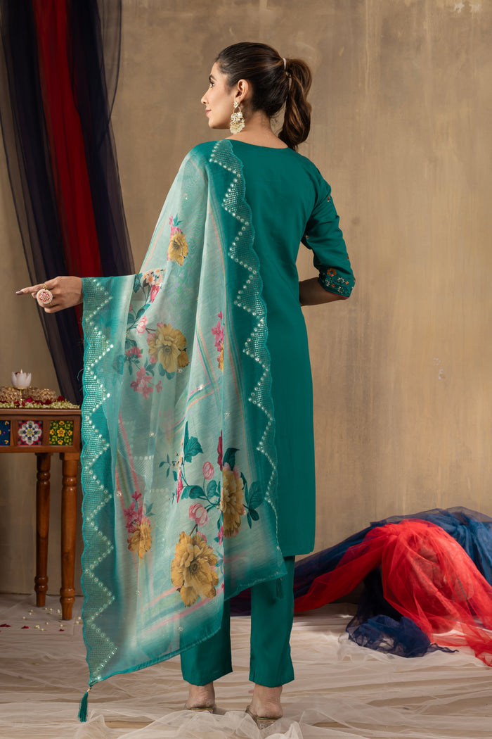 Rama Green Roman Silk Embroidered Kurta Pant Set
