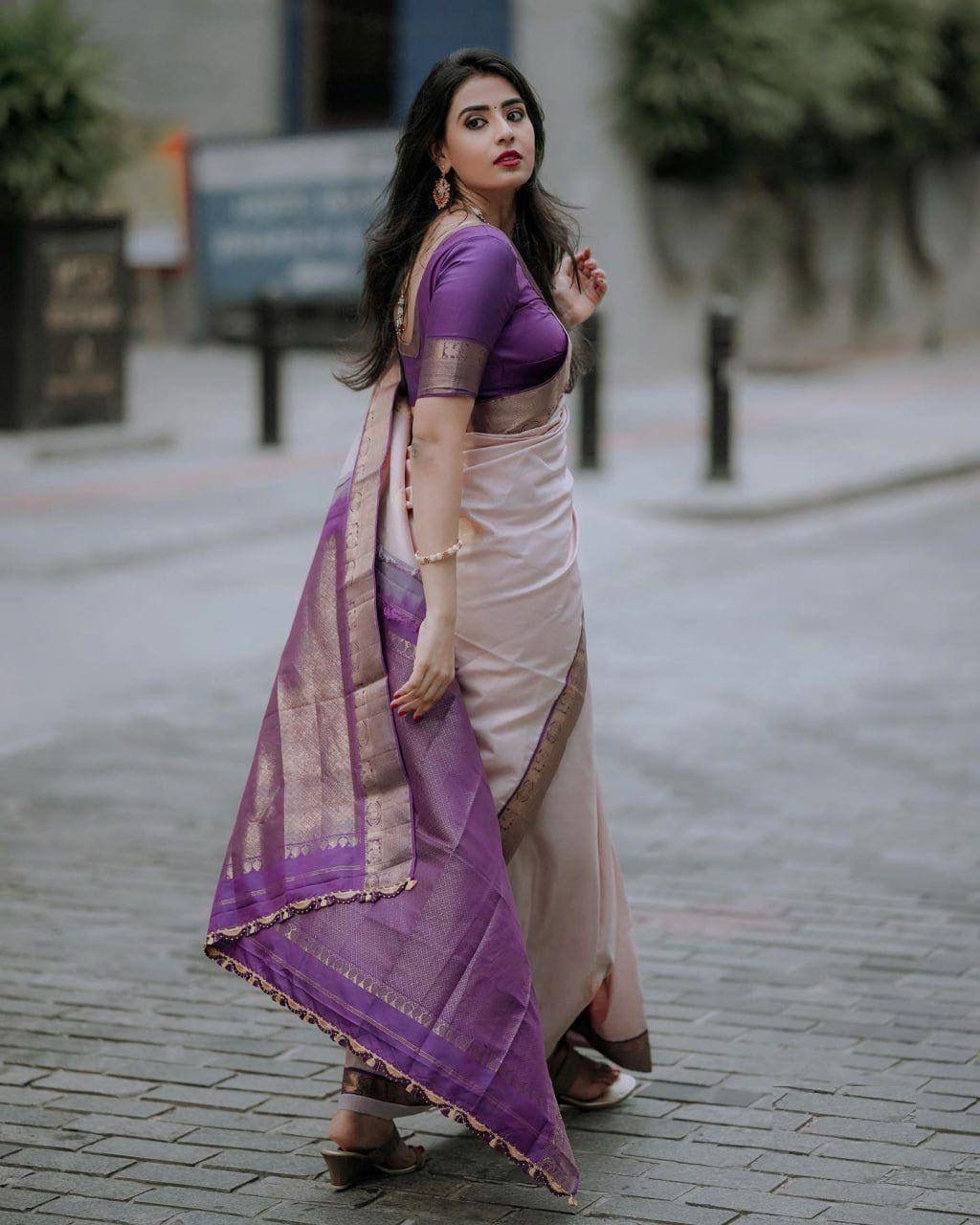 Elegant Peach Purple Jacquard Saree