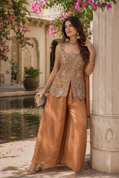 Rust Chinon Embroidered Stitched Suit Set