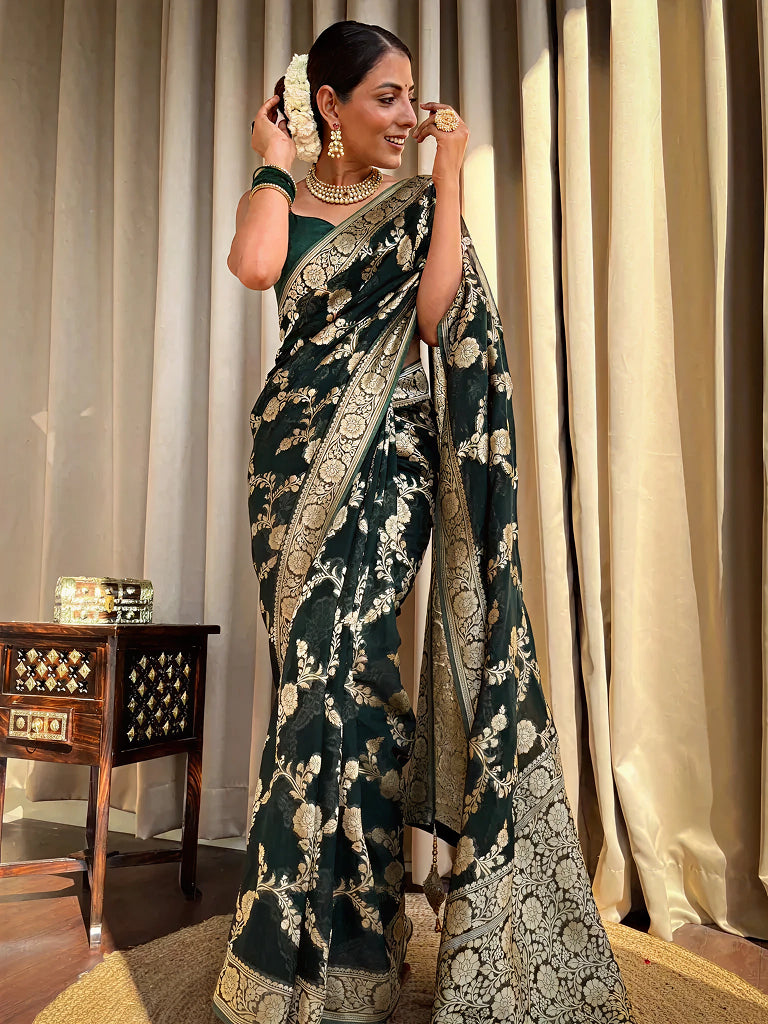 Emerald dark Green Jacquard Saree