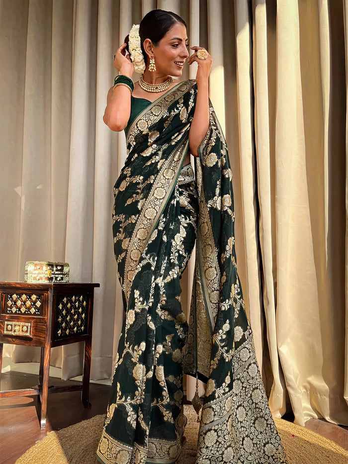 Emerald dark Green Jacquard Saree – Luxurious Woven Elegance for Special Occasions