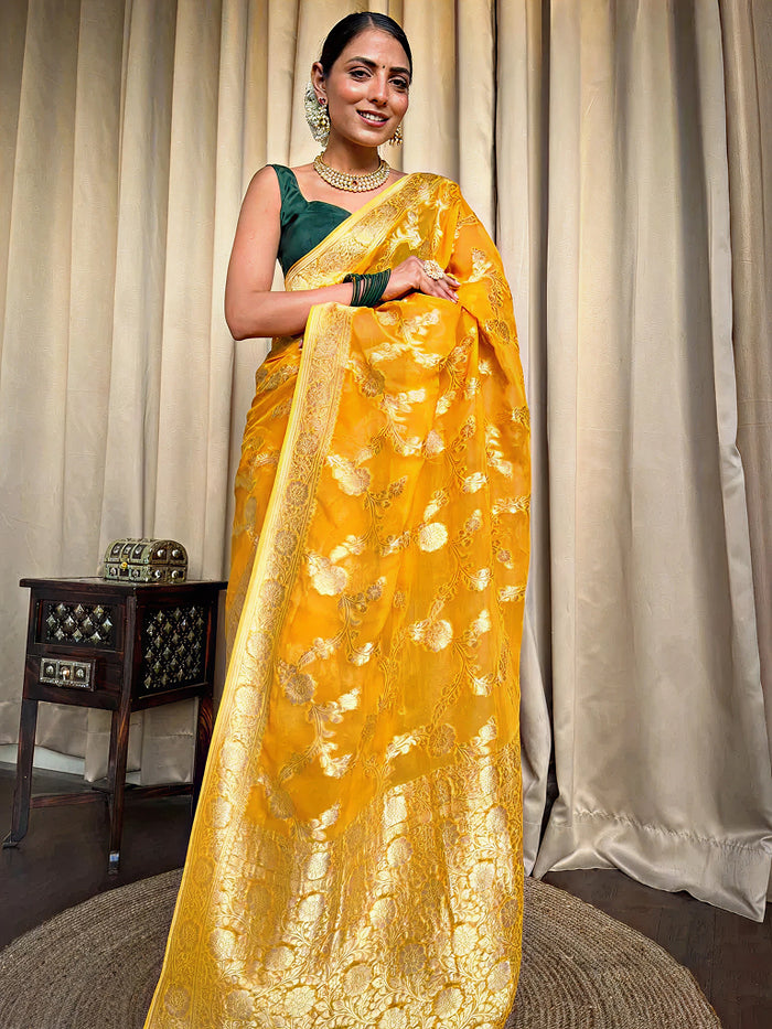 Radiant Yellow Jacquard Saree for Festive Elegance – Premium Woven Traditional Wear