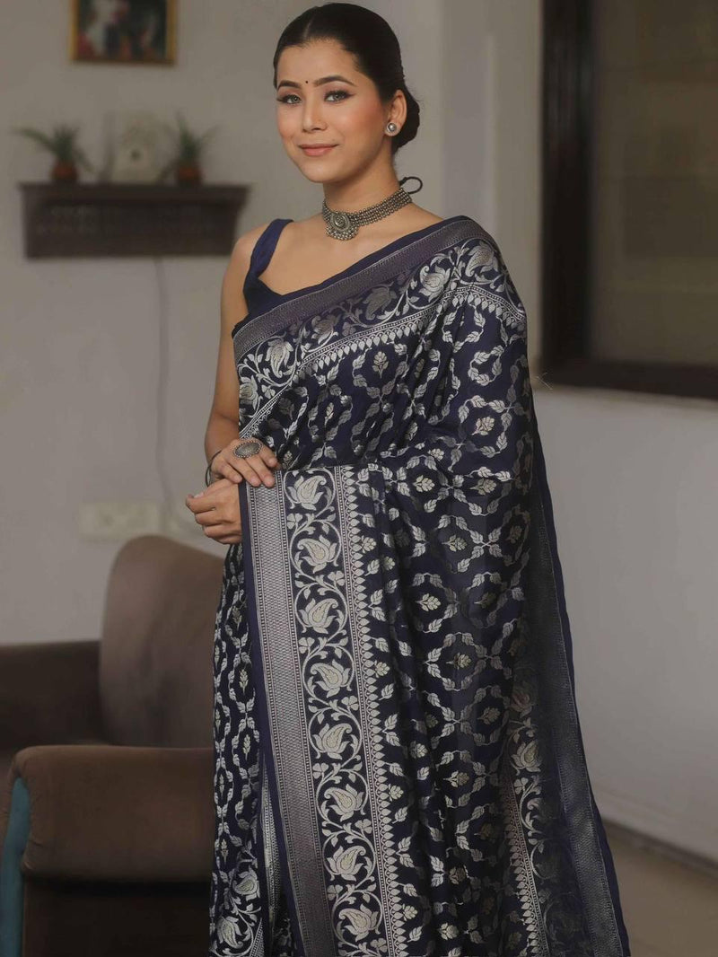 Premium Navy Blue Jacquard Saree
