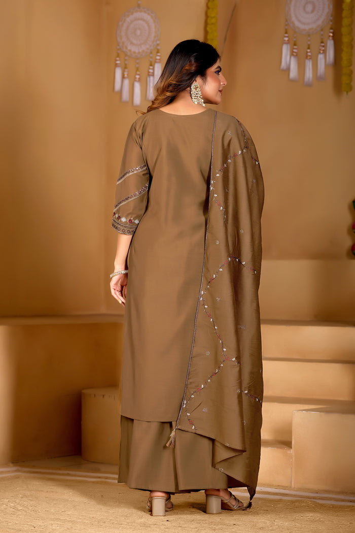 Elegant Brown Viscose Mango Silk Anarkali Kurti Set