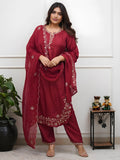Maroon Viscose Chanderi Embroidered Kurta Set
