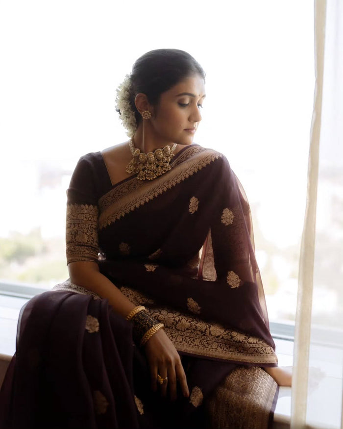 Elegant Maroon Jacquard Saree with Rich Woven Detailing