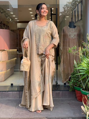 Champagne Embroidered Silk Palazzo Set
