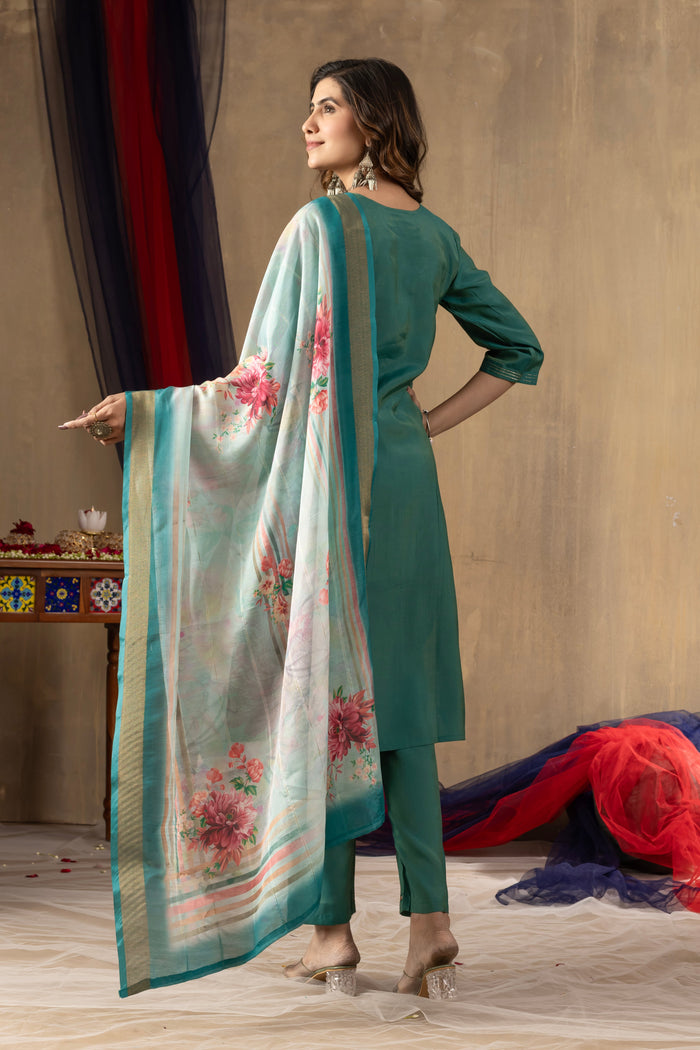 Rama Green Shimmer Gold Silk Embroidered Kurta Pant Set