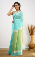 Sky Pista Jacquard Saree – Soft Pastel Elegance with Rich Woven Detail
