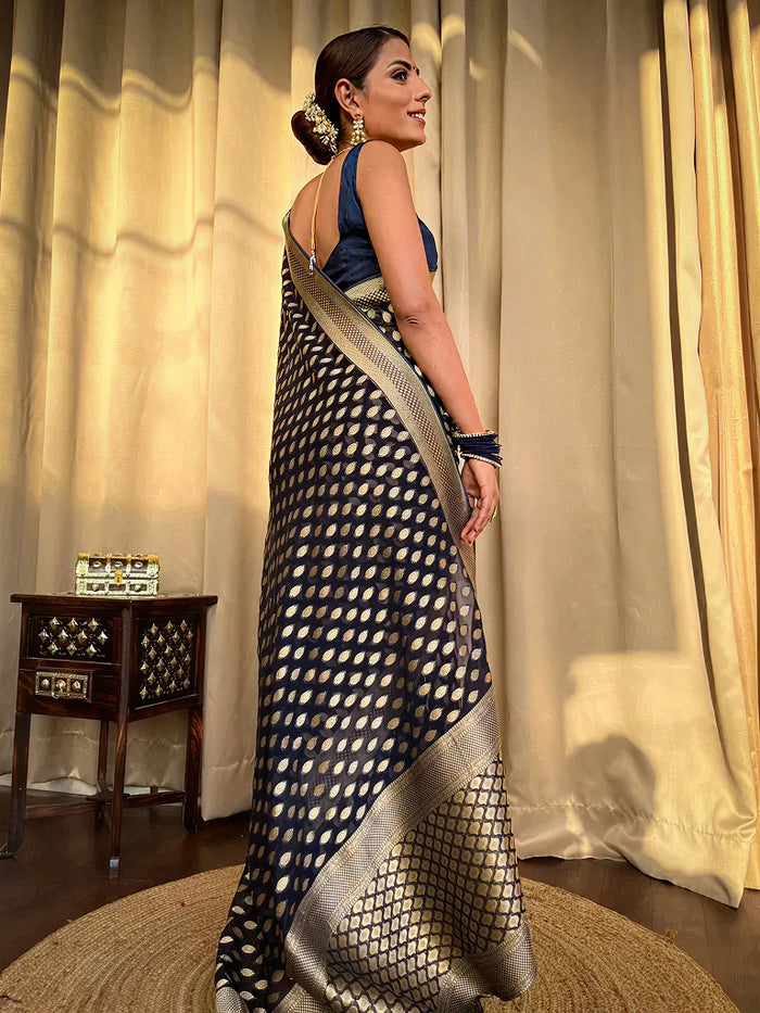 Luxurious Navy Blue Jacquard Saree – Elegant Woven Design for Festive & Party Wear