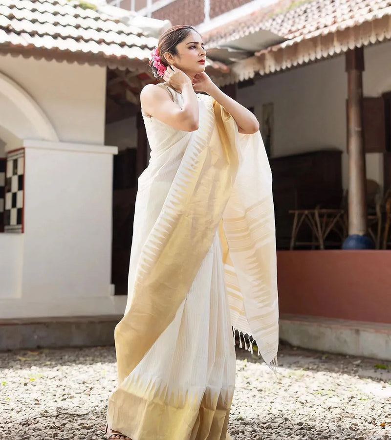 Samantha Fame Groovy White Colored Festive Wear Pure Linen Saree