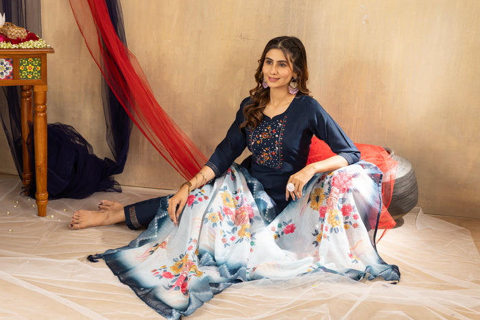Aarohi Viscose Navy Blue Embroidered Kurta Pant Set