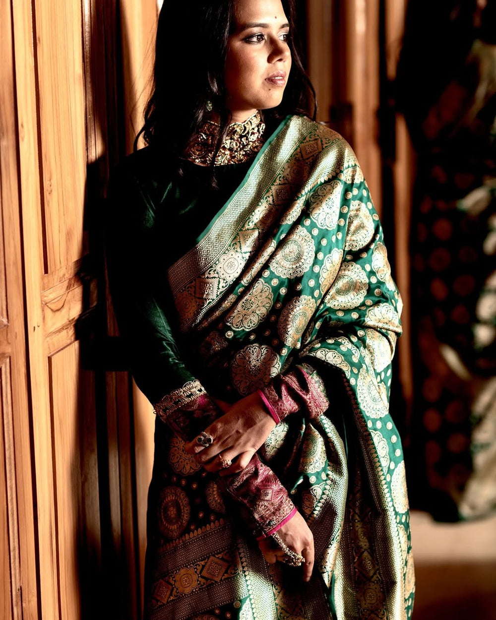 Elegant Dark Green Jacquard Saree