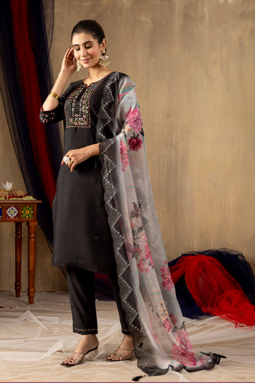 Zehra Black Roman Silk Embroidered Kurta Pant Set