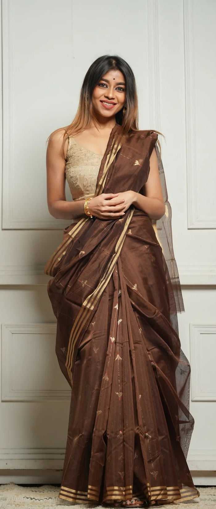 Coffee Cotton Silk Saree – Soft Linen Feel with Rich Jacquard Pallu